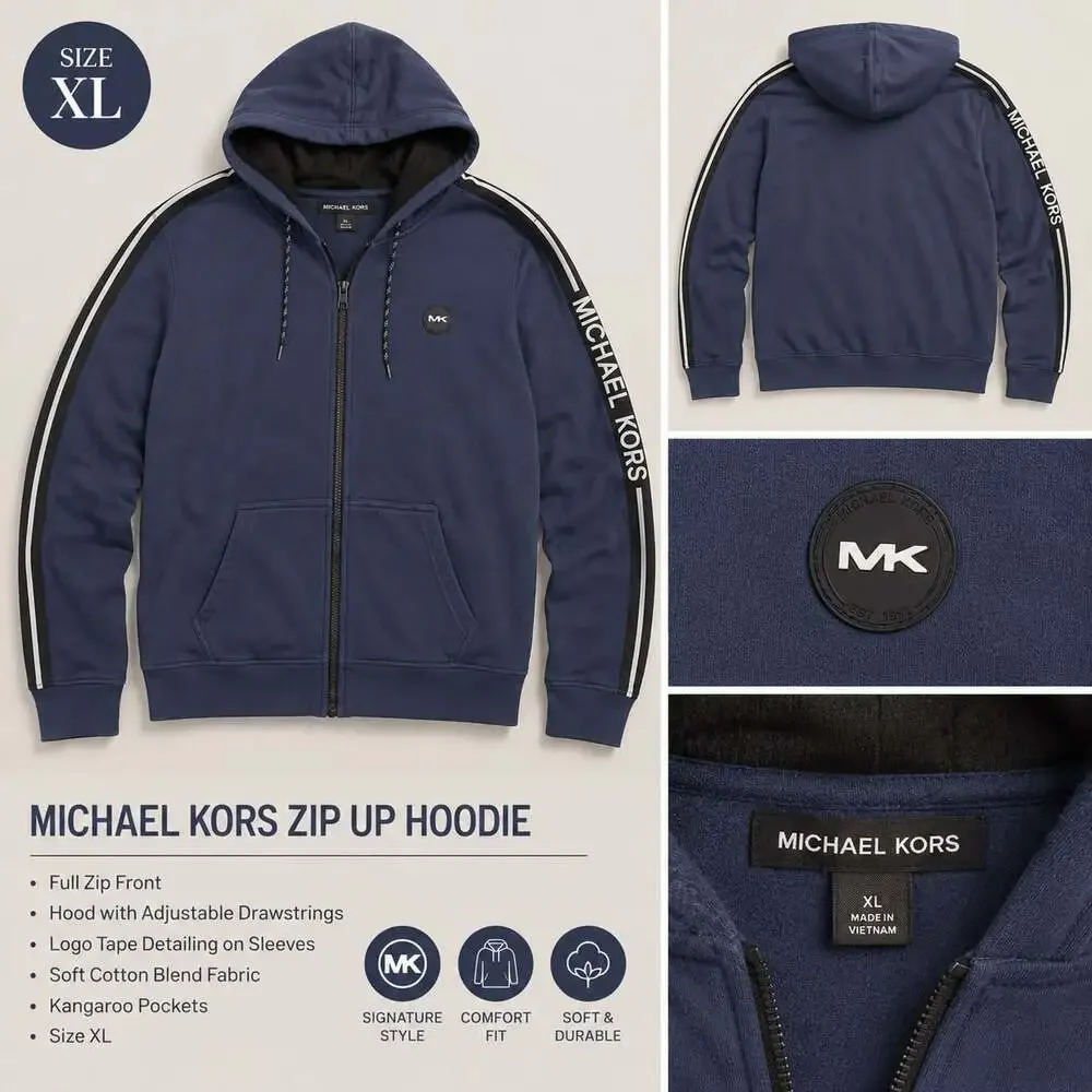 Michael Kors Men's Logo Tape Cotton Blend Full Zip Hoodie